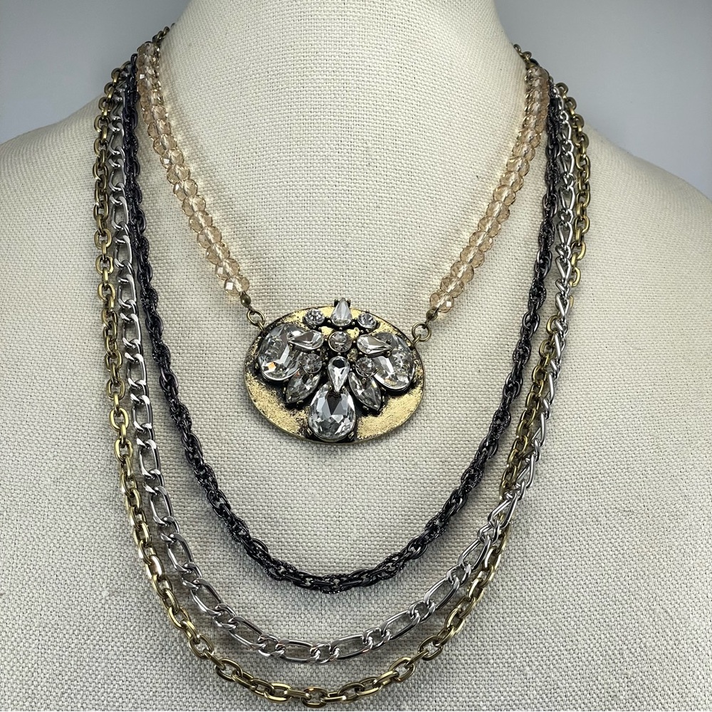 Stunning Unsigned Gold Silver Black Tone Chain Multi Layer Rhinestone Necklace